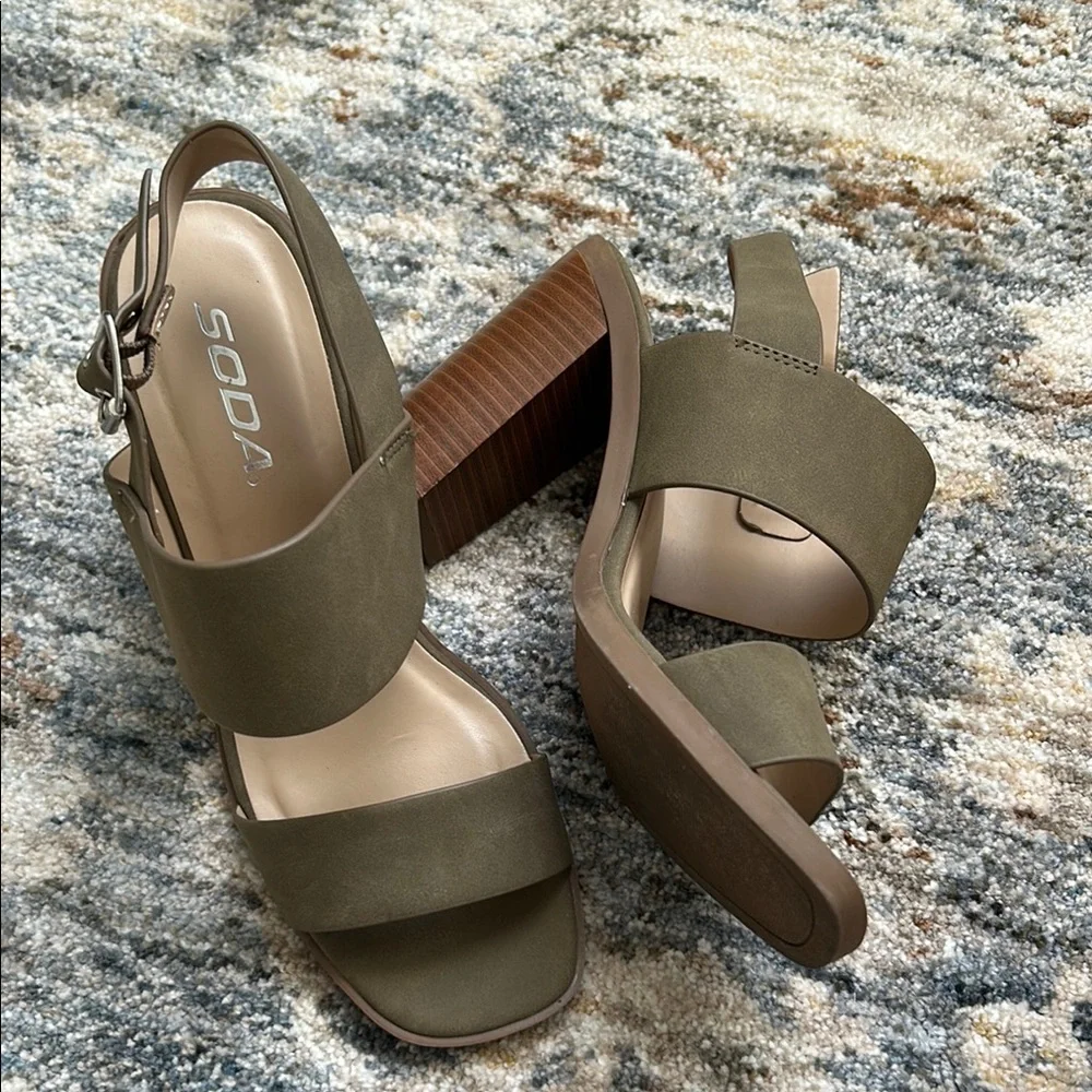Soda Green and Brown Heels with Block Design